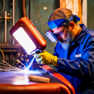 An image of a skilled upholsterer meticulously welding intricate patterns onto a piece of furniture, using a variety of vibrant and contrasting colors to showcase artistic expression in upholstery welding