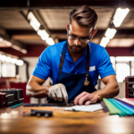 An image of a craftsman delicately welding intricate upholstery patterns onto a sleek metal frame, surrounded by fabric swatches, toolboxes, and a well-organized workbench