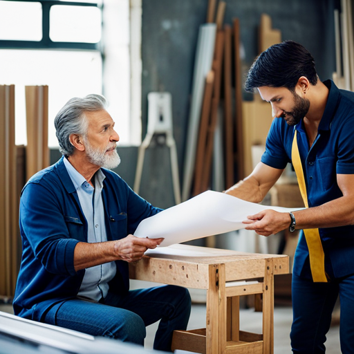 An image of an upholsterer and a client discussing fabric choices and design options while examining a partially completed chair