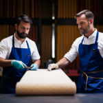 An image of two skilled upholsterers working together to upholster a piece of furniture, showcasing the collaborative nature of the upholstery industry