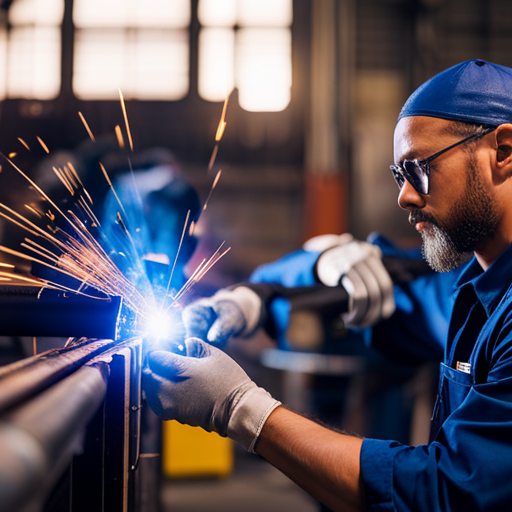 An image of a metal fabrication shop with various welding equipment and materials, including steel, aluminum, and stainless steel