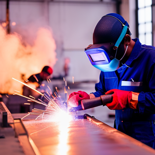 An image of a manufacturing facility with workers using upholstery welding equipment