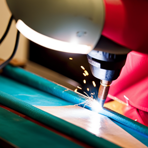 an image of a skilled upholsterer meticulously welding together two pieces of fabric, creating a bold and visually striking pattern