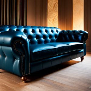 a close-up image of a beautifully crafted, tufted leather sofa with elegant, traditional details such as rolled arms and intricate stitching