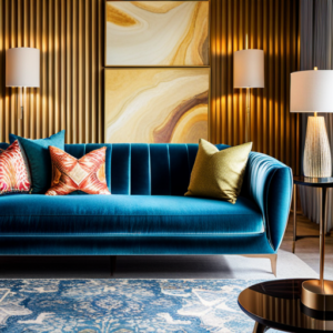 An image showcasing a living room with a statement sofa upholstered in a bold, patterned fabric