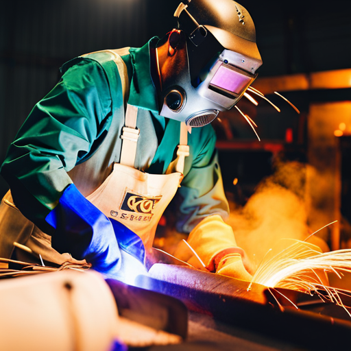 An image of a welding technician in a sustainable workshop, using a low-emission, electric-powered welding machine to join eco-friendly upholstery materials