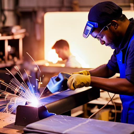 An image of a busy upholstery welding workshop, with workers efficiently managing their time, organizing materials, and completing tasks with precision and focus