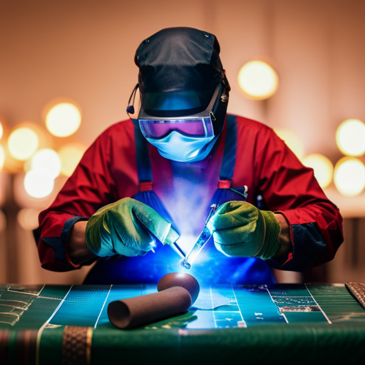 An image of a skilled upholsterer carefully welding together intricate designs on a piece of furniture, with a map of the world in the background, symbolizing the global opportunities in upholstery welding