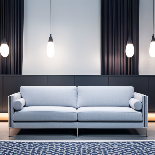 An image of a sleek, minimalist sofa with clean lines and bold, geometric patterns in upholstery