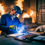 An image of a welding technician carefully inspecting upholstery materials for potential fire hazards, while a lawyer reviews legal documents in the background