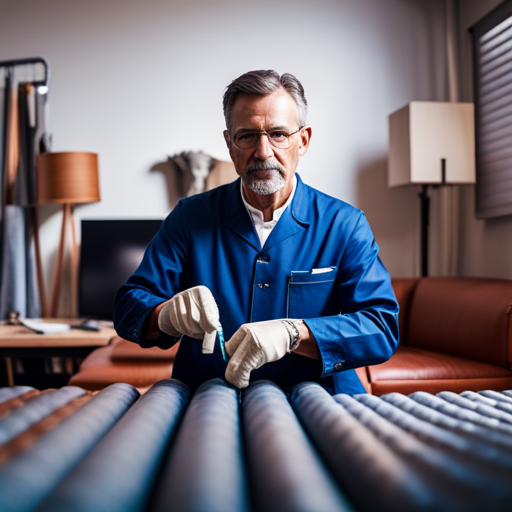 An image of a professional upholsterer using specialized welding equipment to repair and customize furniture