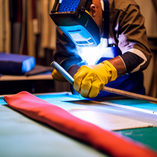 An image of a professional upholsterer welding a fabric onto a chair frame, surrounded by various upholstery tools and materials