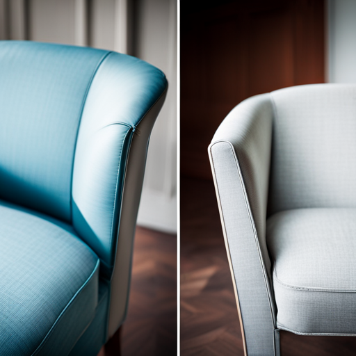 An image of two upholstered chairs side by side, one with a clean, precise welded seam and the other with a messy, uneven seam, to represent the competitive landscape of upholstery welding