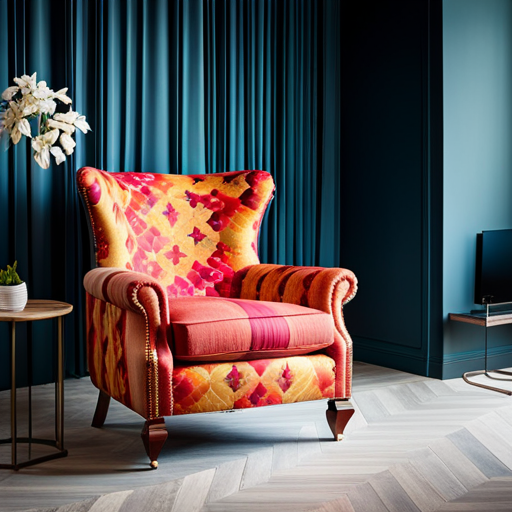 An image of a custom upholstered chair with a bold pattern and vibrant colors, standing out in a modern living room