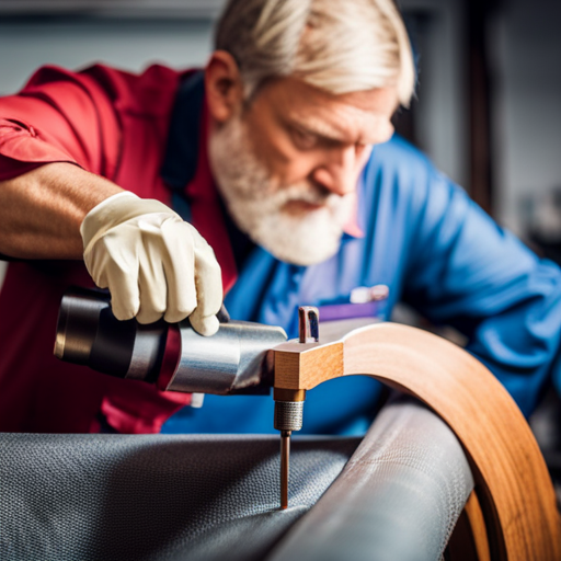 An image of a skilled upholsterer using a precise welding tool to seamlessly join two pieces of upholstery fabric, with focused concentration and exacting attention to detail