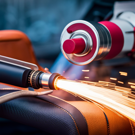 An image of a welding torch in action, with a variety of upholstery fabrics and materials laid out in the background