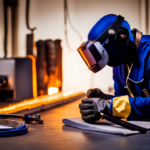 An image of a welding workstation with a clearly labeled safety gear including welding helmet, flame-resistant gloves, apron, and safety glasses