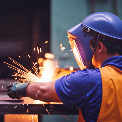 An image of a welder wearing protective gear, including a welding helmet, gloves, and apron, while working on an upholstered piece of furniture in a well-ventilated and properly lit workshop