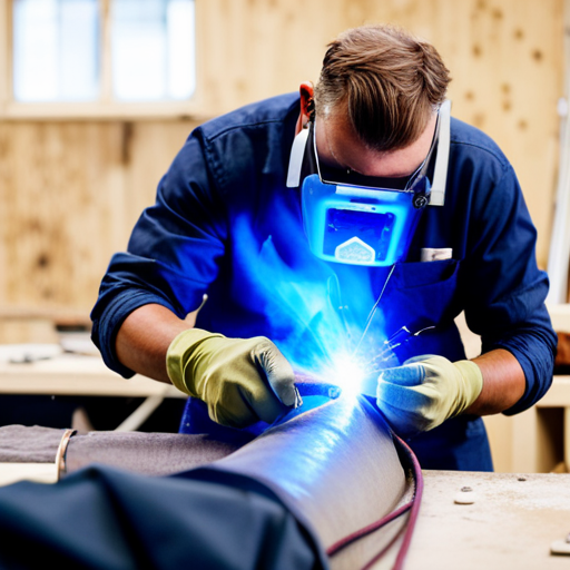 An image of a skilled welder working on a large, custom upholstered chair in a well-lit workshop