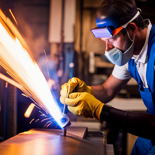 An image of a skilled upholsterer using a high-powered welding tool to join durable upholstery materials, with sparks flying and precision in each weld