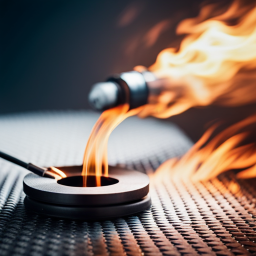 An image of a close-up of upholstery fabric being tested with a blowtorch, showing the fabric's ability to resist heat and flames