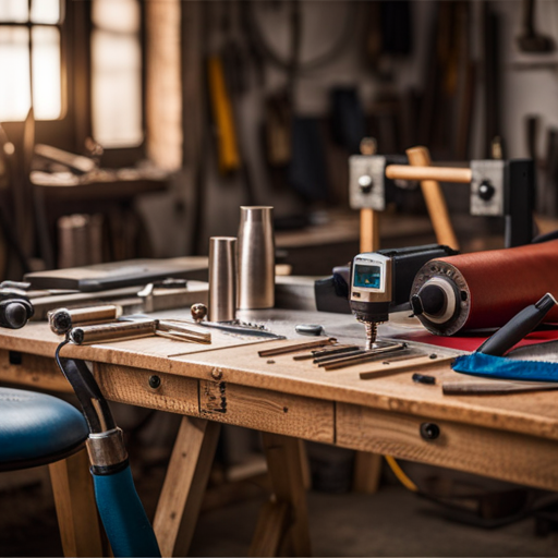 An image of a well-lit workshop table with a variety of upholstery welding tools neatly organized, including a heat gun, hot knife, and precision scissors