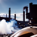 An image of a industrial factory emitting dark smoke into the air, with piles of discarded upholstery welding materials in the foreground