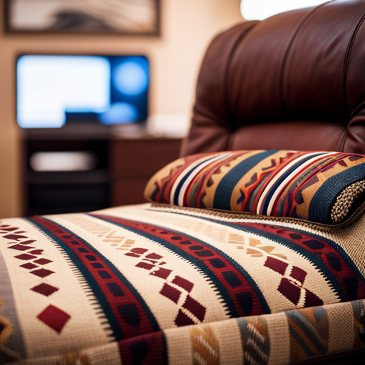 An image of a traditional Navajo rug pattern incorporated into a modern upholstered chair