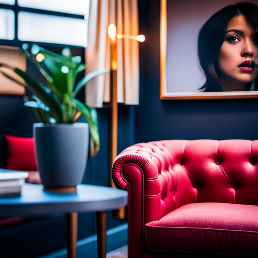 An image of a cozy living room with a vibrant red sofa, surrounded by warm, earthy tones