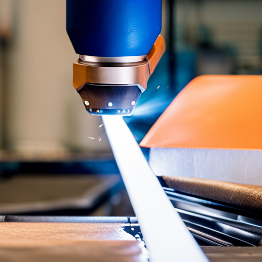 An image of a close-up shot of a upholstered furniture piece being welded together, showcasing the application of adhesive in the welding process