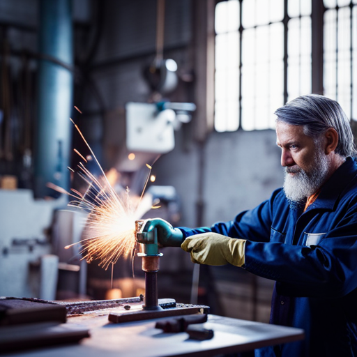 An image of a skilled upholsterer working in a welding workshop, surrounded by various welding equipment and tools