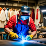 An image of a professional upholsterer in a workshop, skillfully welding a piece of upholstery, with social media icons and logos in the background, representing the role of social media in promoting upholstery welding