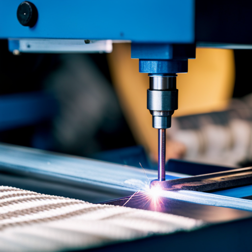 An image of a welding machine heating the upholstery fabric, with the temperature gauge clearly visible and the material beginning to fuse together