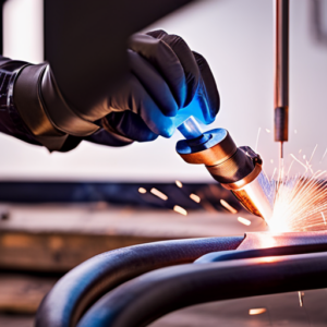 An image of a modern upholstered chair being welded together, with a focus on the precision and intricacy of the welding process, showcasing the latest trends in upholstery welding techniques