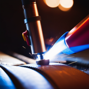 An image of a skilled artisan using a welding torch to meticulously fuse together upholstery materials, showcasing the precision and artistry involved in creating aesthetically pleasing welded upholstery designs