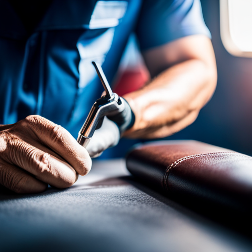 An image of a skilled upholsterer using a precision welding tool to seamlessly join fabric and leather together, showcasing the intricate work involved in aircraft and marine interior upholstery