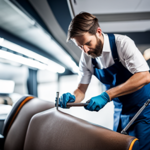 An image of a skilled upholsterer using a precision welding tool to seamlessly join together sections of automotive interior fabric, showcasing the intricate and specialized process of upholstery welding for automotive interiors