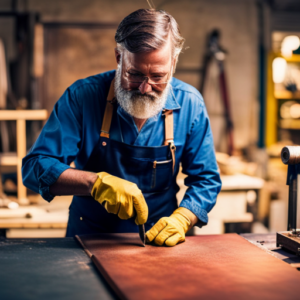 An image of a skilled upholsterer using a precision welding tool to seamlessly join together different types of fabrics, such as leather, velvet, and canvas, in a workshop setting