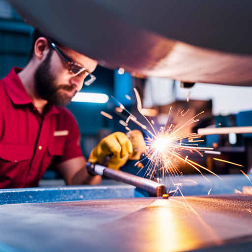 An image of a professional upholsterer using a durable, heavy-duty welding machine to reinforce fabric on a high-traffic piece of furniture, such as a couch or chair