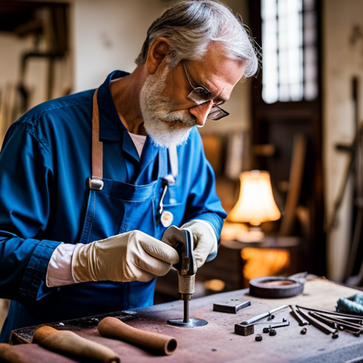 An image of a skilled artisan using a precision welding tool to carefully repair and restore the upholstery of a vintage chair or sofa, showcasing the intricate process of historic restoration