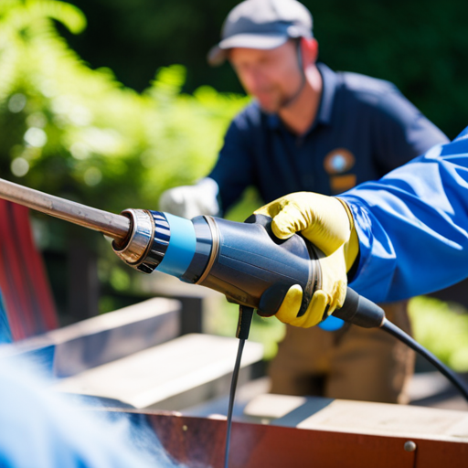 An image of a person using a welding torch to attach weather-resistant upholstery to a metal frame of outdoor furniture