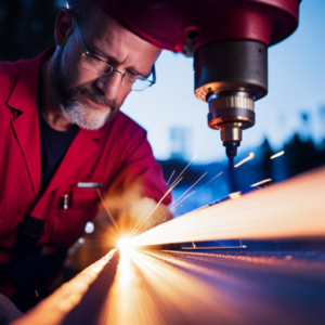 An image of a skilled upholsterer using a welding torch to join fabric and metal in a high-pressure environment