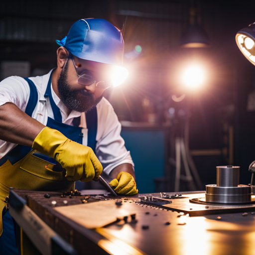 An image of a skilled upholsterer welding together intricate patterns and designs on a custom chair in a themed environment, using specialized tools and materials