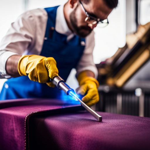 An image of a skilled upholsterer using a precision welding torch to join together luxurious and exotic materials such as sapphire blue velvet and metallic gold leather