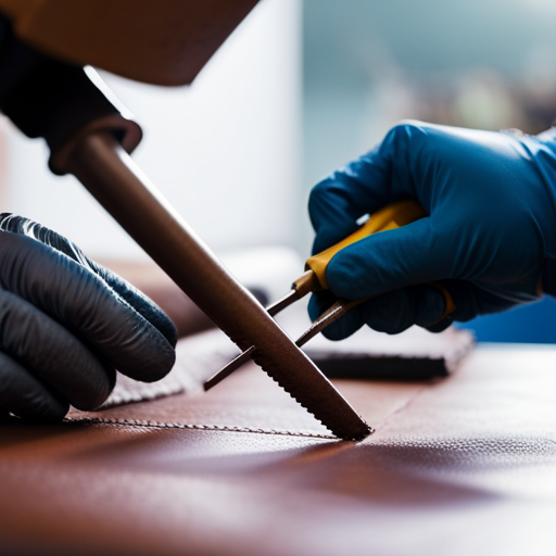 An image of a skilled upholsterer using a precision welding tool to seamlessly join two pieces of supple, rich leather upholstery together, showcasing the artistry and expertise of the technique