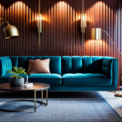 An image of a modern living room with a sleek, welded upholstery sofa in a bold color, paired with metallic accents and geometric patterns to showcase the impact of upholstery welding on room themes